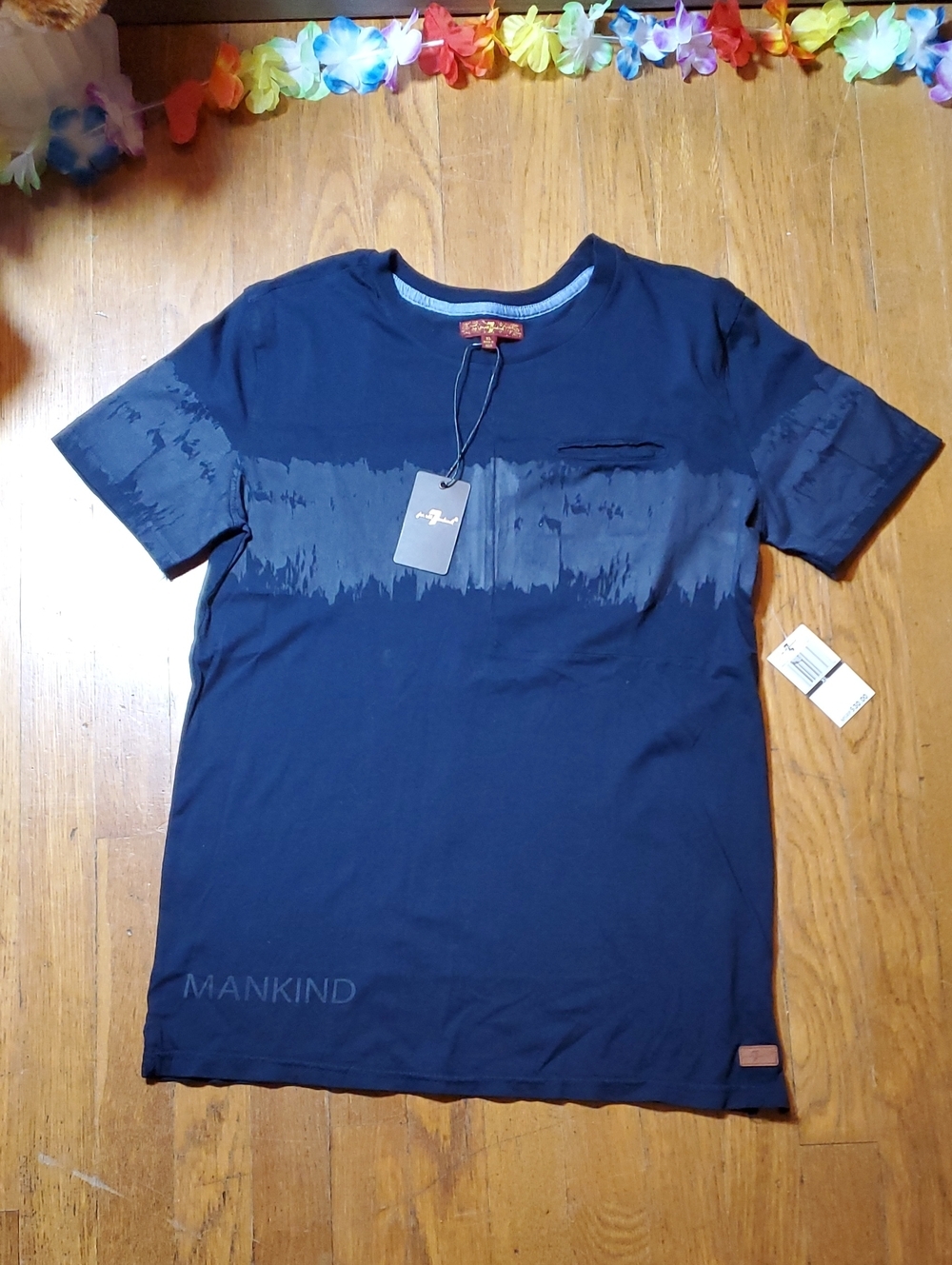 7 For All Mankind Navy Short Sleeve Crew with Tonal Chest Graphic